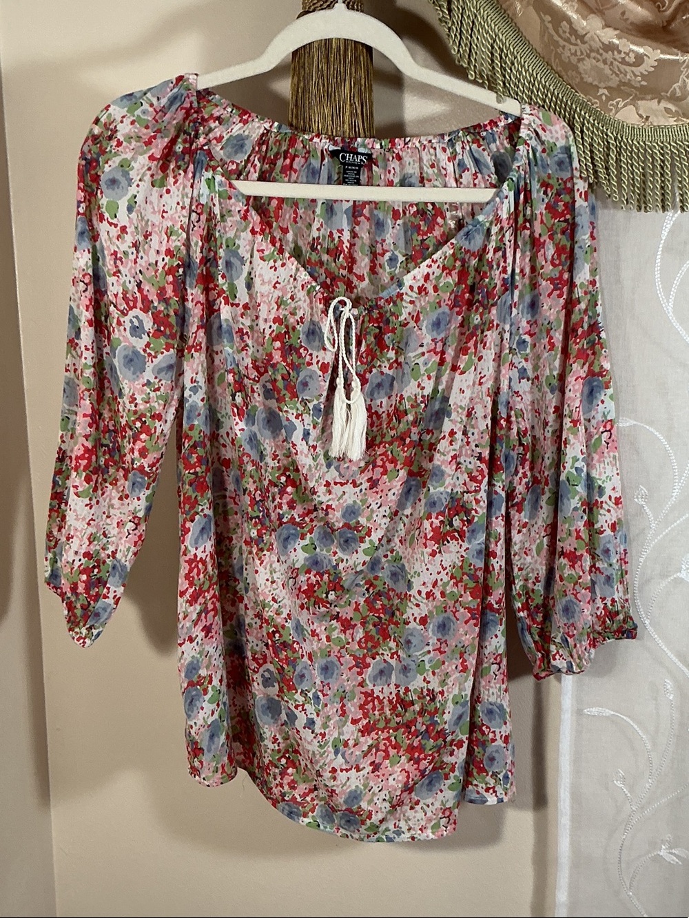Chaps Pink Multi Floral Tassel Colorful Peasant Top 3/4 sleeves Cotton Sz MP